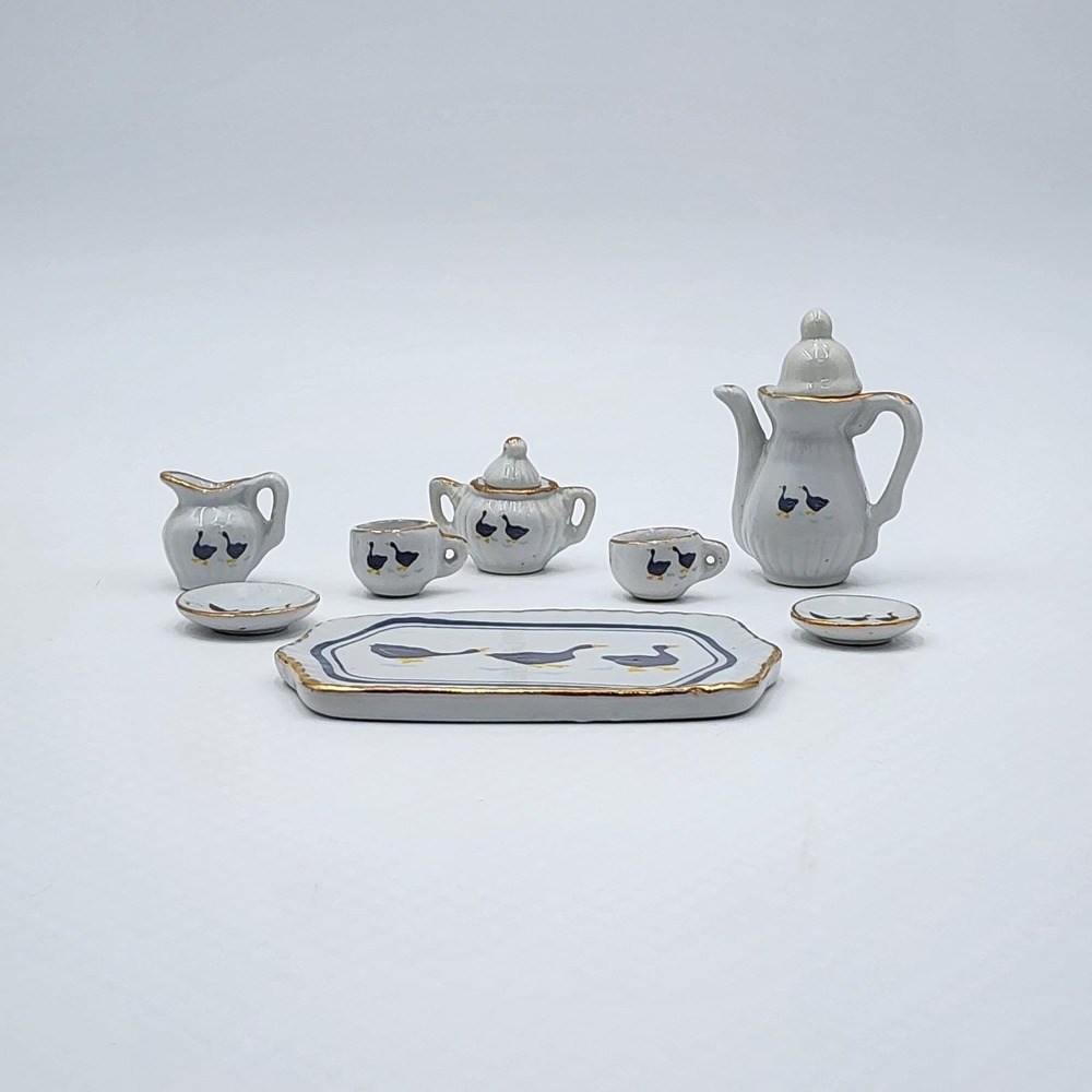 Vintage 80s Miniature Porcelain Tea Set with Country Goose Motif Gold Trim 10 Pc - Picture 3 of 8